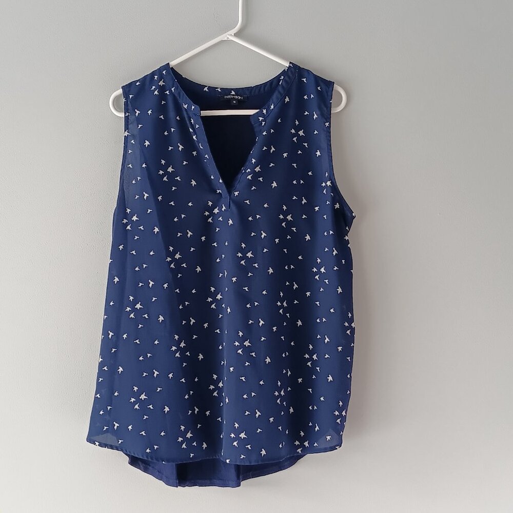 PaperMoon Sleeveless V-Neck Billowy Blouse Hi-Low Navy Blue White Birds Size 1X